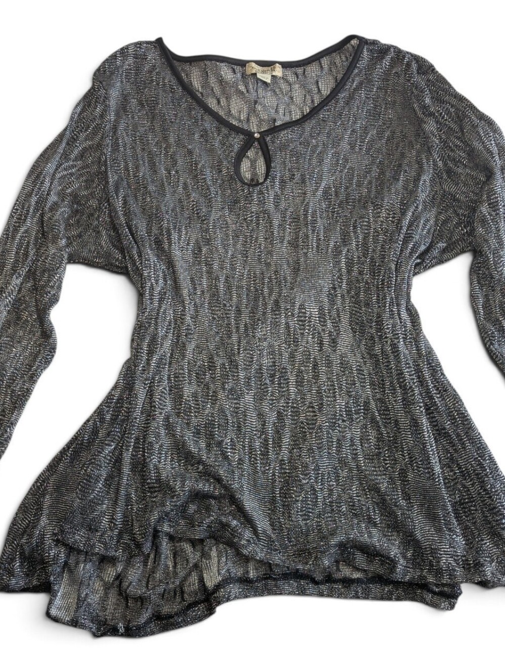 One World 2X Black Metallic Silver Sheer Knit Keyhole Asymmetric Tunic Top
